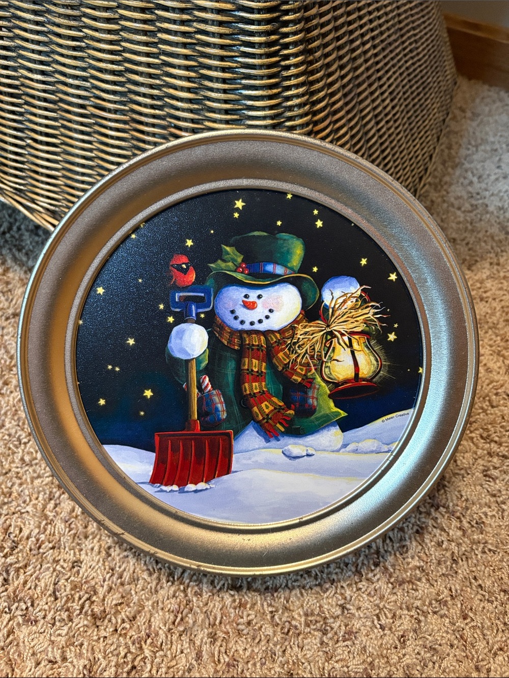 Holiday vintage Snowman Decorative tin